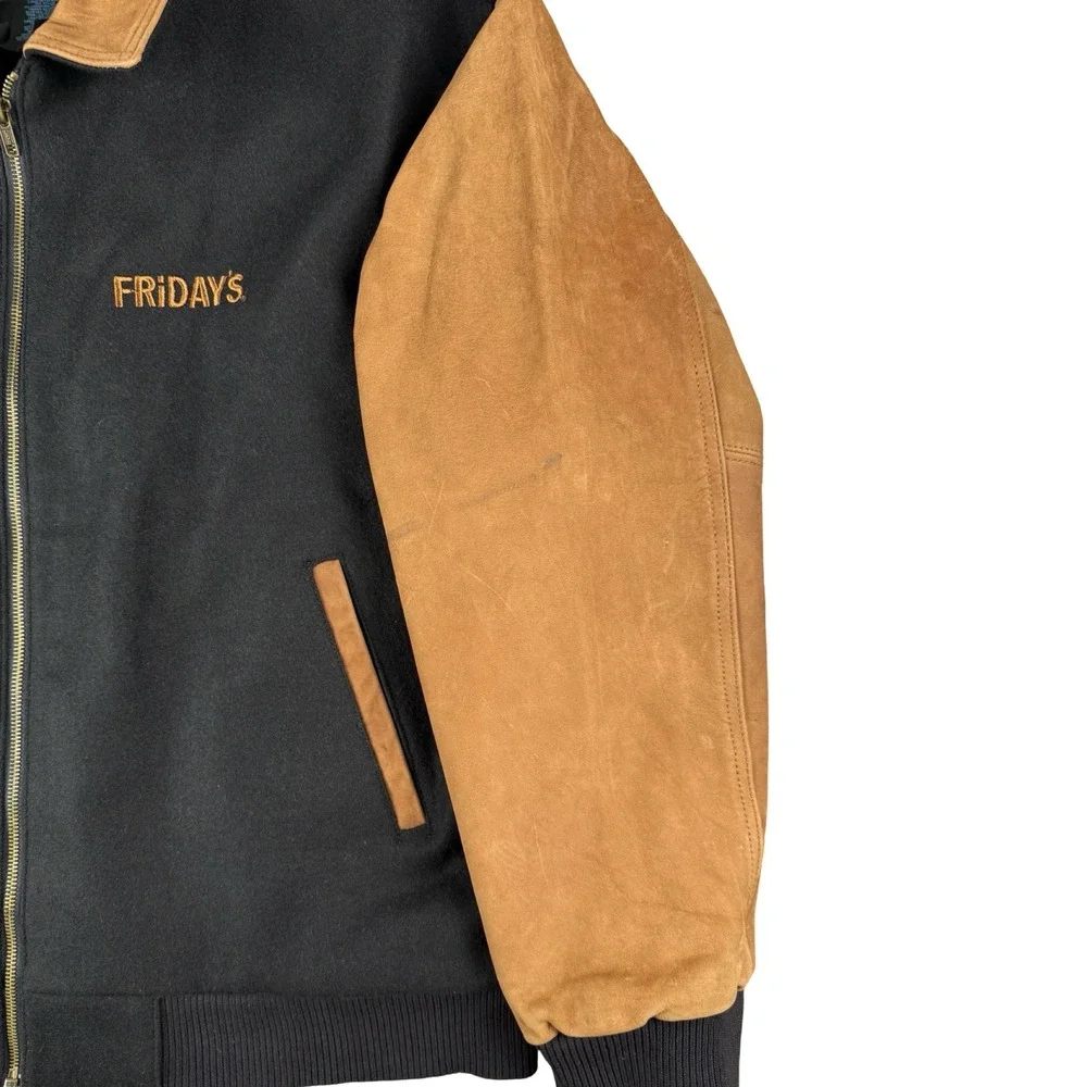 TGI Fridays Leather Wool Varsity Jacket 40th Anniversary Black Tan‎ Large